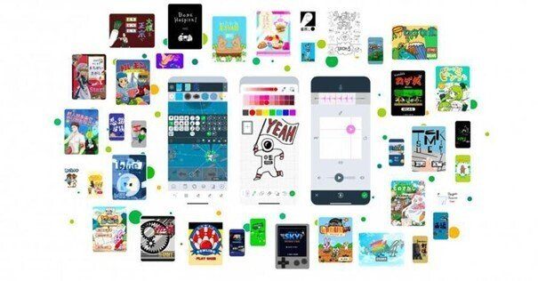 講師が手がけたアプリ作品を並べた紹介ボード